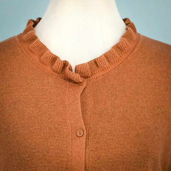 WYSE 5 Size 12 US Selena Rust Orange Shimmer Ruffle Neck Sleeve Button Front Dow - Picture 3 of 7